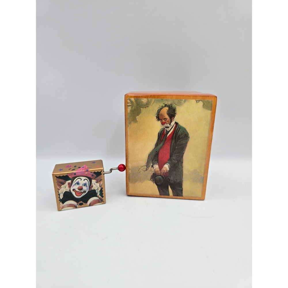 Lot of 2 Clowns Music Box Set Vintage Wood & Tin Small Hand Crank Good Condition